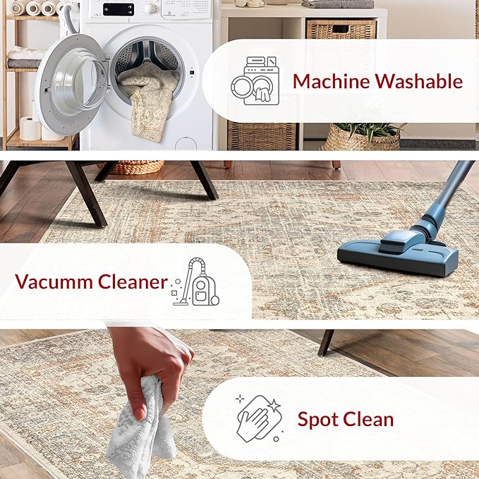 nuLOOM 8 Square Machine Washable Rain Haven Vintage Medallion Area Rug, Light Grey, Traditional Faded Design, Non-Slip Backing, Stain Resistant, For Bedroom, Dining Room, Living Room, Kitchen - LeafyLoom
