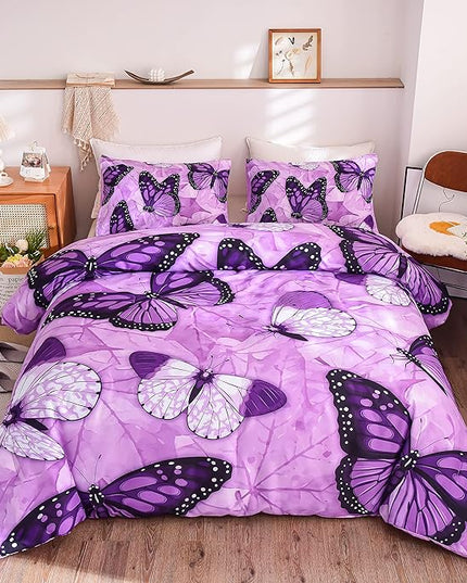 Btargot 3 Piece Purple Butterfly Girls Kids Adults Full Size Comforter Set, Lightweight Soft All Season Bedding Set with 2 Pillowcases - LeafyLoom