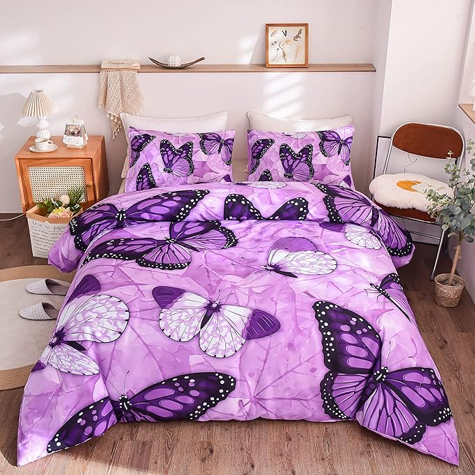 Btargot 3 Piece Purple Butterfly Girls Kids Adults Full Size Comforter Set, Lightweight Soft All Season Bedding Set with 2 Pillowcases - LeafyLoom