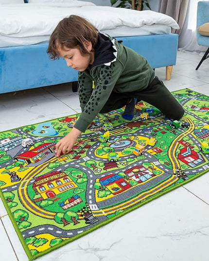 JOYIN Carpet Playmat w/ 12 Cars Pull-Back Vehicle Set for Kids Age 3+, Jumbo Play Room Rug, City Pretend Play - LeafyLoom