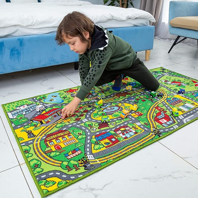 JOYIN Carpet Playmat w/ 12 Cars Pull-Back Vehicle Set for Kids Age 3+, Jumbo Play Room Rug, City Pretend Play - LeafyLoom