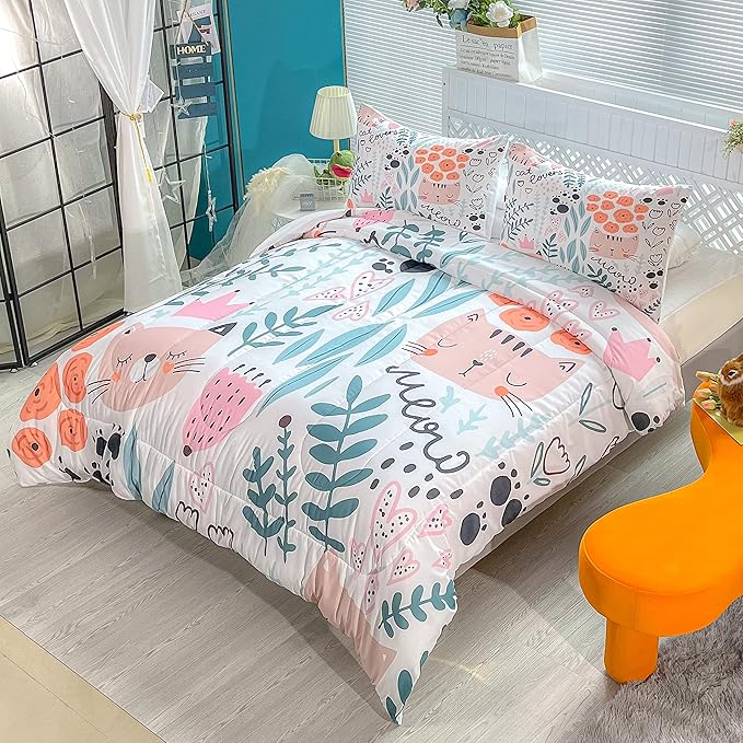 CVHOUSE Cat Bedding,Cartoon Cat Comforter Full,Animals Print Comforter Set for Kids,Kawaii Quilt Set with 1 Comforter and 2 Pillow Cases - LeafyLoom