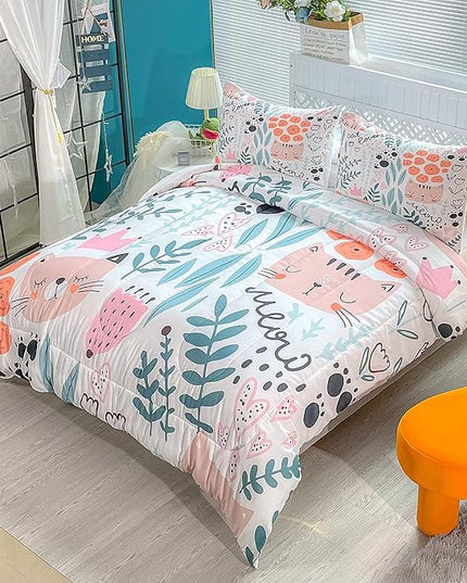 CVHOUSE Cat Bedding,Cartoon Cat Comforter King,Animals Print Comforter Set for Kids,Kawaii Quilt Set with 1 Comforter and 2 Pillow Cases - LeafyLoom
