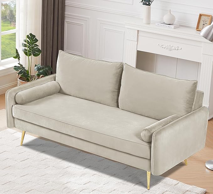 Kent Modern Sofa, European Style Velvet Living Room Furniture with Tapered Legs, Vintage Flair, and Sleek Design, Ivory - LeafyLoom