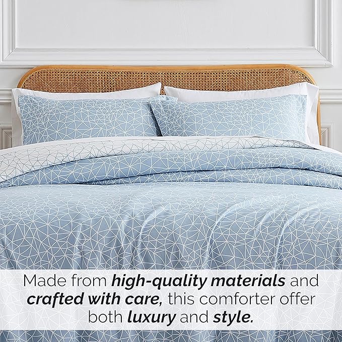 Southshore Fine Living, Inc. King Size Comforter Set with 2 Pillow Shams, Reversible Geometric Print is 2 Colors in 1 - Alternative Down Comforter King/Cal King, Soft Microfiber, Sky Blue & White - LeafyLoom