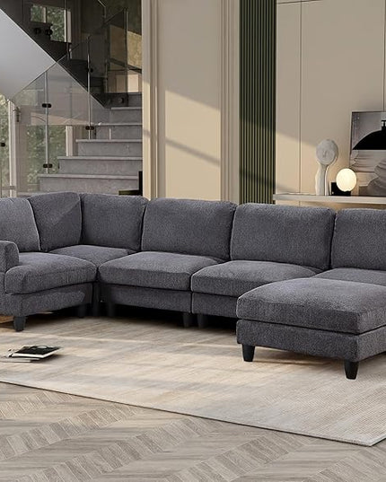 129.5" Modular Sectional Couch with Ottoman,6 Seat Chenille Corner Sofa with Seat Cushions Have a Built-in sSpring Pack,Multi-layered Plywood,for Living Room, Apartment, Bedroom, Office - LeafyLoom