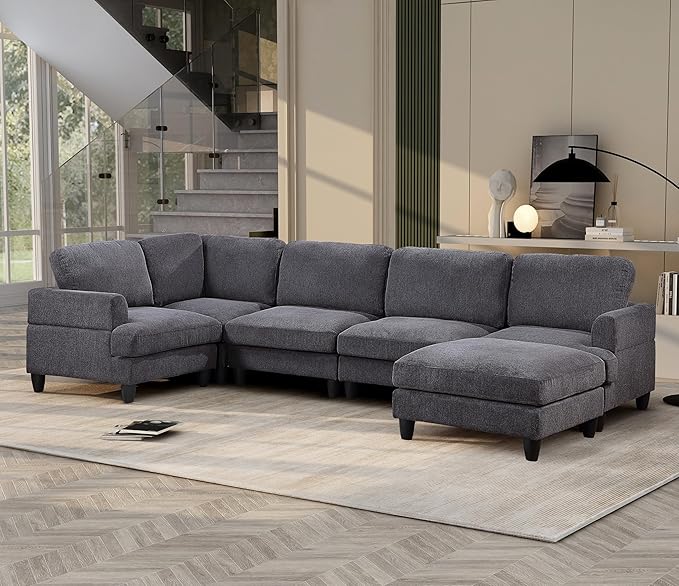 129.5" Modular Sectional Couch with Ottoman,6 Seat Chenille Corner Sofa with Seat Cushions Have a Built-in sSpring Pack,Multi-layered Plywood,for Living Room, Apartment, Bedroom, Office - LeafyLoom