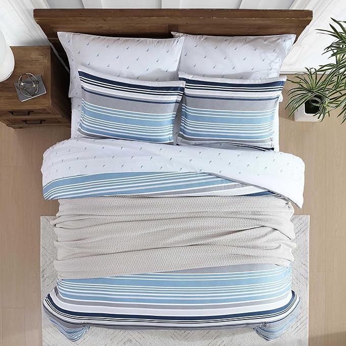 Nautica - Twin Comforter Set, Luxuriously Soft Seersucker Textured Bedding with Matching Sham, Wrinkle-Free Striped Home Decor, Dorm Room Essentials (Bradlee Blue, Twin) - LeafyLoom