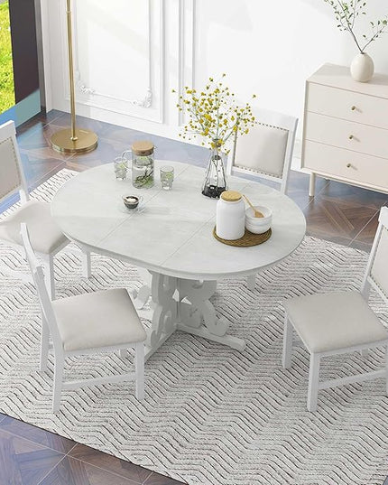 5-Piece Retro Functional Dining Set, Included Solid Wooden Extendable Table with a 16-inch Leaf and 4 Upholstered Chairs for Kitchen, Living Room, Home Bar, Antique White - LeafyLoom