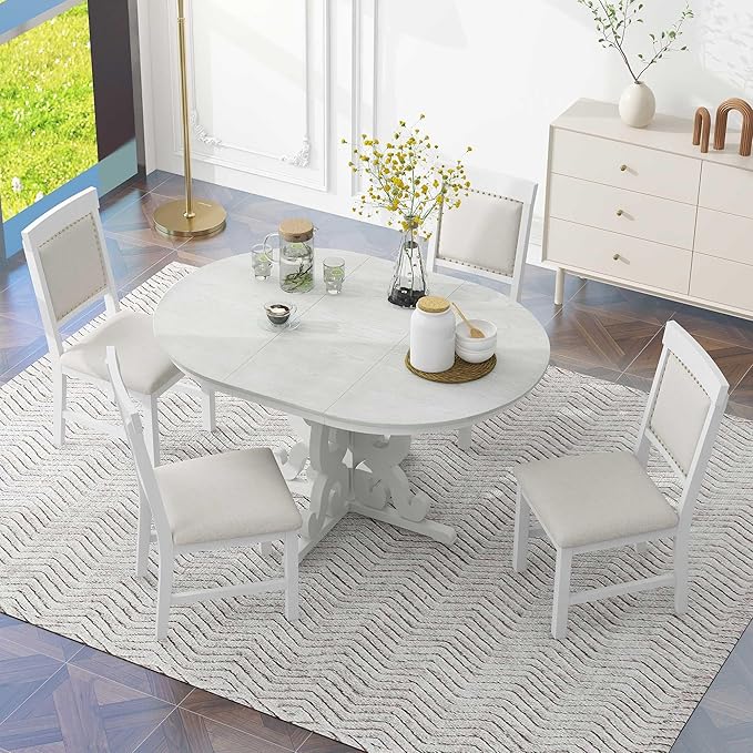 5-Piece Retro Functional Dining Set, Included Solid Wooden Extendable Table with a 16-inch Leaf and 4 Upholstered Chairs for Kitchen, Living Room, Home Bar, Antique White - LeafyLoom