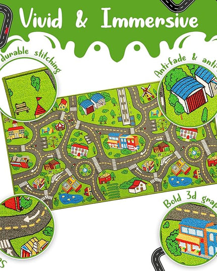 Kids Carpet Playmat City Life 3D Playroom Rug | 30 x 60 Inch Extra Large Toddler Activity Mat for Race Cars & Toys | Playroom Rug Makes a Fun Educational Gift Idea for Boys & Girls (Green) - LeafyLoom