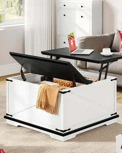 YITAHOME Farmhouse Lift Top Coffee Table, Square Wood Center Table with Large Hidden Storage Compartment for Living Room, Rustic Cocktail Table with Lift Top for Home Office,White - LeafyLoom