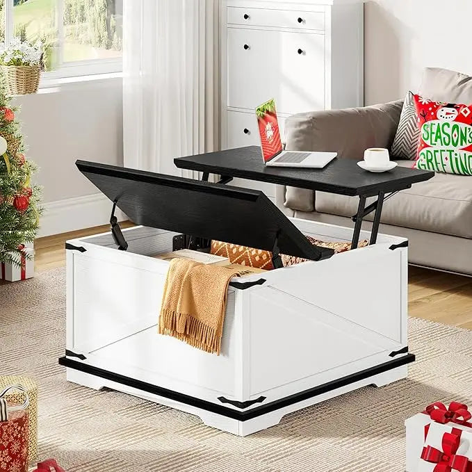 YITAHOME Farmhouse Lift Top Coffee Table, Square Wood Center Table with Large Hidden Storage Compartment for Living Room, Rustic Cocktail Table with Lift Top for Home Office,White - LeafyLoom