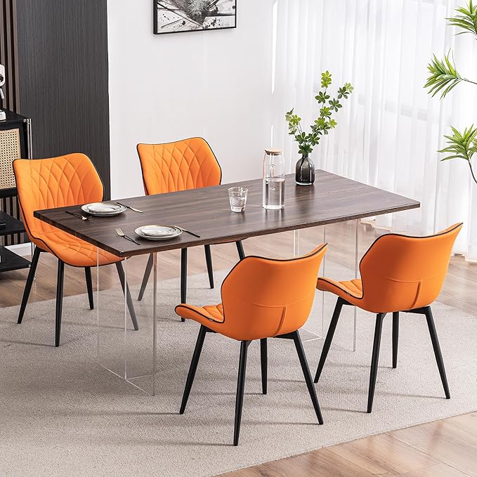 YOUNIKE Dining Chairs, Upholstered Faux Leather Kitchen Dining Room Chairs Set of 2, Modern Living Room Bedroom Side Chairs with Curved Wing Back and Adjustable Metal Legs, Orange - LeafyLoom