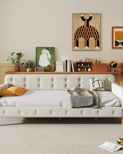 Twin Size Velvet Upholstered Dayed with 4 Support Legs,Multifunction Solid Wood Bed Frame,W/Backrest and Armrests,No Box Spring Needed,for Living Room Dormitory Apartment,White - LeafyLoom