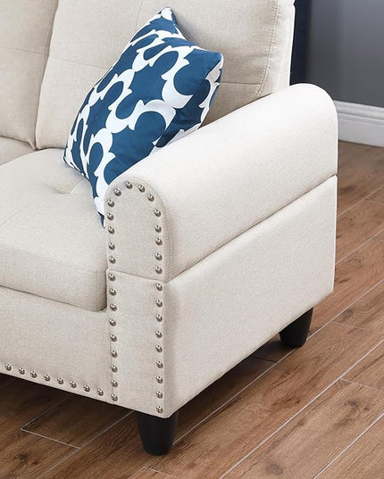 98" L-Shaped Sectional Couch with Storage Ottoman and Left Facing Chaise,Linen Upholstered Sofa with 2 Cup Holders and 2 Throw Pillows for Living Room,Beige - LeafyLoom