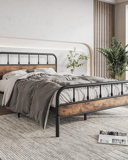 Full Size Metal Bed Frame with Rustic Vintage Wood Headboard and Footboard,Strong Metal Slats Support,No Box Spring Needed,Black - LeafyLoom