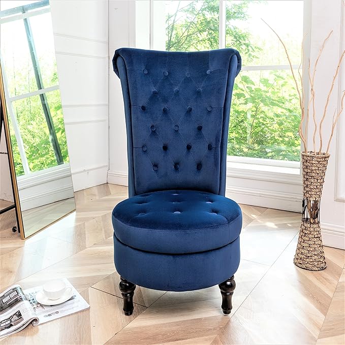 Royal High-Back Velvet Accent Chair for Vanity with Storage and Luxurious Upholstery, Retro Design and Versatile Usage for Living Room, Bedroom, Lounge and Office, Dark Blue - LeafyLoom