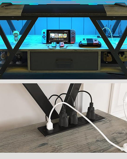 Yusong 65 inch LED TV Stand, Entertainment Center Gaming TV Table with Outlets, Up to 65" Media Console for Living Room, 29+DIY Dynamic RGB Modes, Greige and Black - LeafyLoom