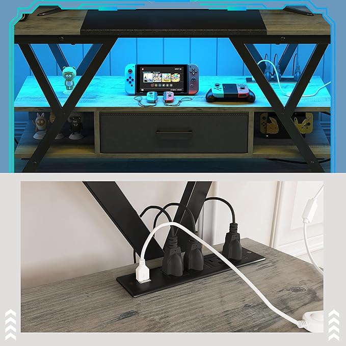 Yusong 65 inch LED TV Stand, Entertainment Center Gaming TV Table with Outlets, Up to 65" Media Console for Living Room, 29+DIY Dynamic RGB Modes, Greige and Black - LeafyLoom