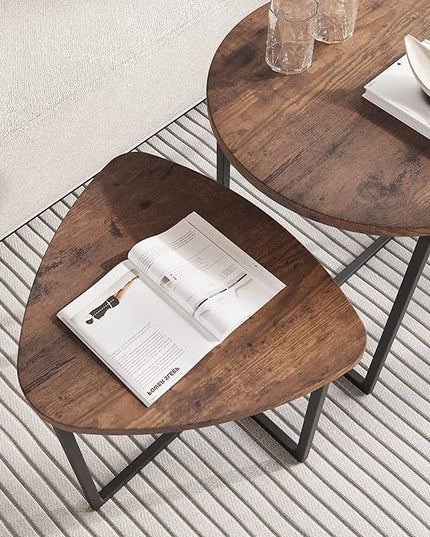 Round Coffee Table Set of 2 End Tables for Living Room,Black Small Coffee Table Living Room Table,Metal Frame & Wood,Sturdy and Easy Assembly,Stacking Side Tables Bedroom,Brown - LeafyLoom