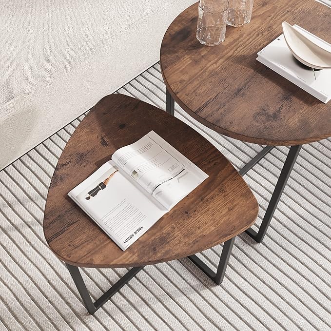 Round Coffee Table Set of 2 End Tables for Living Room,Black Small Coffee Table Living Room Table,Metal Frame & Wood,Sturdy and Easy Assembly,Stacking Side Tables Bedroom,Brown - LeafyLoom