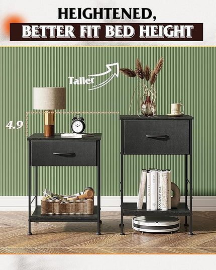 WLIVE Nightstands Set of 2, Black Nightstand with Fabric Storage Drawer and Open Wood Shelf, Night Stand set 2 with Steel Frame, Side Table for Bedroom, Dorm, Charcoal Black, 24.9" Height - LeafyLoom