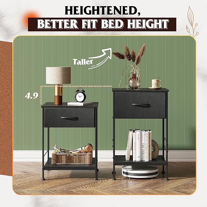 WLIVE Nightstands Set of 2, Black Nightstand with Fabric Storage Drawer and Open Wood Shelf, Night Stand set 2 with Steel Frame, Side Table for Bedroom, Dorm, Charcoal Black, 24.9" Height - LeafyLoom