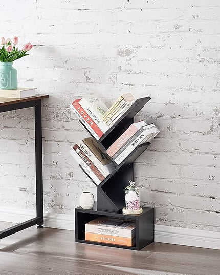 Hoctieon 3 Tier Tree Bookshelf, Small Bookcase with Drawer, Desktop Book Shelf, Display Floor Standing Storage Shelf, Book Organizer Shelves for Home Office, Black - LeafyLoom