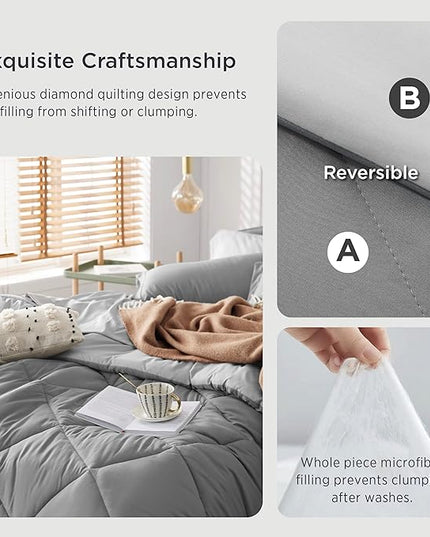 Bedsure Twin Comforter Set - 5 Pieces Reversible Twin Bed Set, Grey Extra Long Twin Bed in a Bag with Comforters, Sheets, Pillowcase & Sham, Bedding Set Twin for College - LeafyLoom