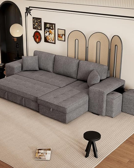 L Shaped Reversible Sleeper Sectional Sofa Pull Out Couch Bed with Storage Chaise Lounge and 2 Stools, Button Tufted Chenille Upholstered Convertible Pullout Sofabed for Living Room Office - LeafyLoom