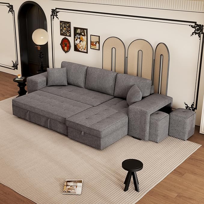 L Shaped Reversible Sleeper Sectional Sofa Pull Out Couch Bed with Storage Chaise Lounge and 2 Stools, Button Tufted Chenille Upholstered Convertible Pullout Sofabed for Living Room Office - LeafyLoom