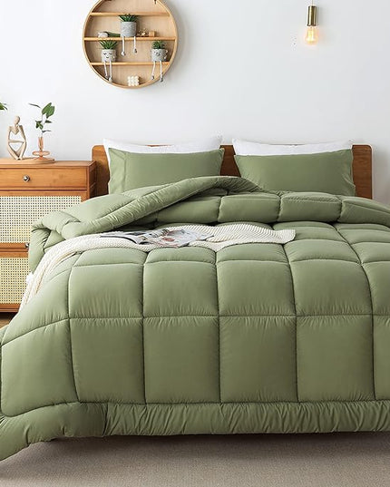 WhatsBedding Sage Green Comforter Set Queen Size, Lightweight All Season Soft Down Alternative Bed Comforter, 3 Pieces Bedding Set with 2 Pillowcases, Queen, 88"x90" - LeafyLoom