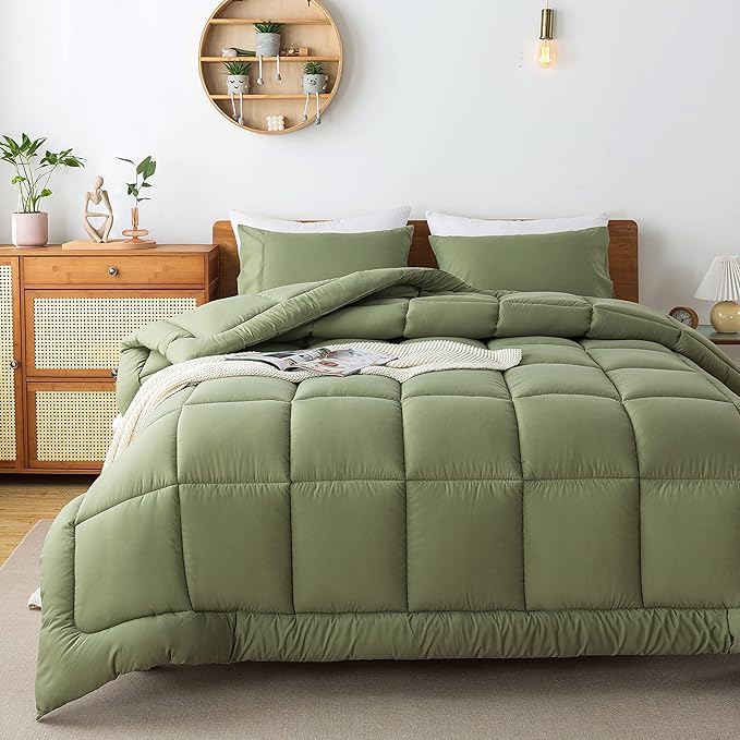 WhatsBedding King Size Comforter Set, Sage Green Lightweight All Season Soft Down Alternative Bed Comforter, 3 Pieces Bedding Set with 2 Pillowcases, King, 102"x90" - LeafyLoom