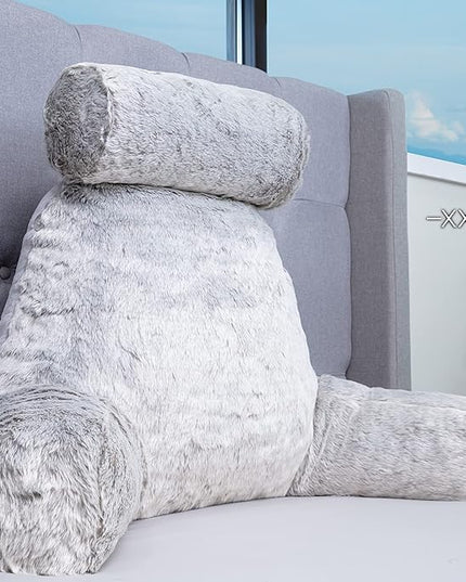 XXL Husband Pillow Cover Only - Rare Baby Arctic Grey Wolf Fur Backrest Pillowcase Set, Two-Tone Reversible Double Sided Fabulous Faux Fur Reading & Bed Rest, Thick Zippers, 2 Sided Solid Neck Rolls - LeafyLoom