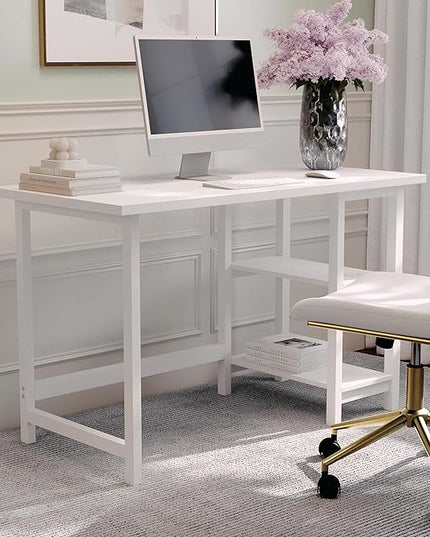 Martha Stewart Beckett Modern Trestle Desk with Open Side Shelving in White Wood Grain Finish - LeafyLoom