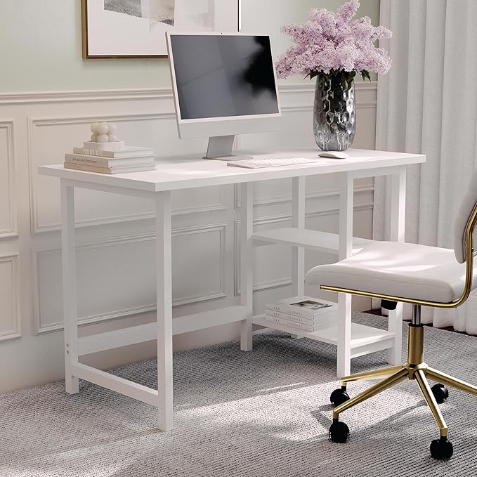 Martha Stewart Beckett Modern Trestle Desk with Open Side Shelving in White Wood Grain Finish - LeafyLoom