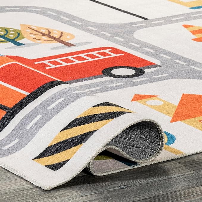 nuLOOM Carmina City Streets Machine Washable Kids Ultra Thin Area Rug, 4' x 6', White Multi - LeafyLoom