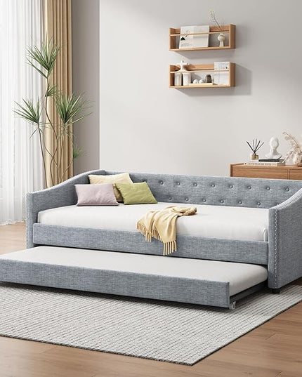 Twin Size Upholstered Daybed with Twin Size Trundle,Wood Sofa Bed Frame W/Button Tufted Back and Nailhead Decorated Waved Shape Arms,Slat Support,for Bedroom,Living Room,Apartment,Light Gray - LeafyLoom
