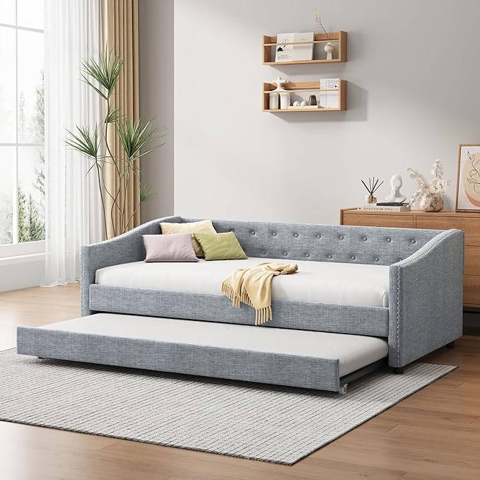 Twin Size Upholstered Daybed with Twin Size Trundle,Wood Sofa Bed Frame W/Button Tufted Back and Nailhead Decorated Waved Shape Arms,Slat Support,for Bedroom,Living Room,Apartment,Light Gray - LeafyLoom