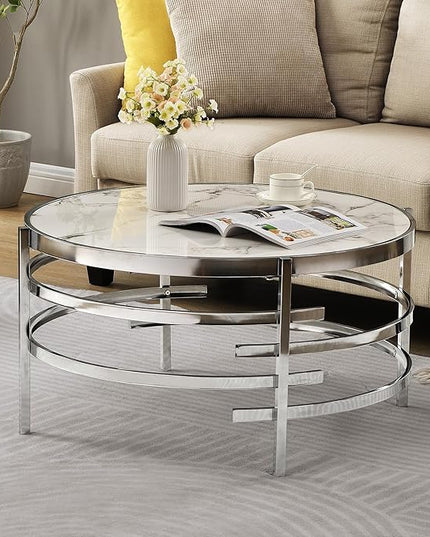 Round Coffee Table Coffee Tables for Living Room Sintered Stone Marble Top Sturdy Metal Frame (Silver, 31.50 inches) - LeafyLoom