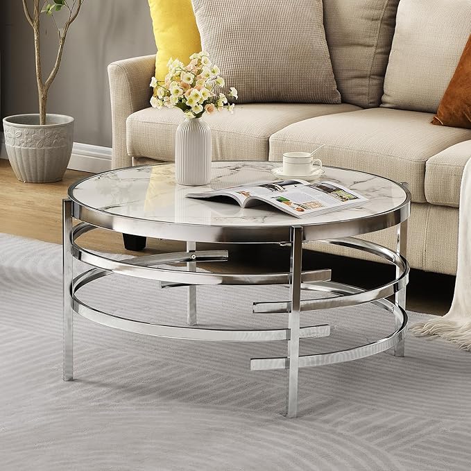 Round Coffee Table Coffee Tables for Living Room Sintered Stone Marble Top Sturdy Metal Frame (Silver, 31.50 inches) - LeafyLoom