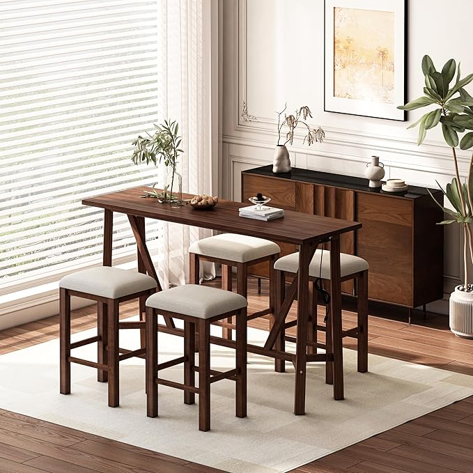 NicBex Dining Table Set for 4 Table and Chairs Modern 5-Piece Dining Table Set Bar Kitchen Table Set with Upholstered Stools for Small Space, Breakfast Nook, Easy Assemble, Walnut - LeafyLoom
