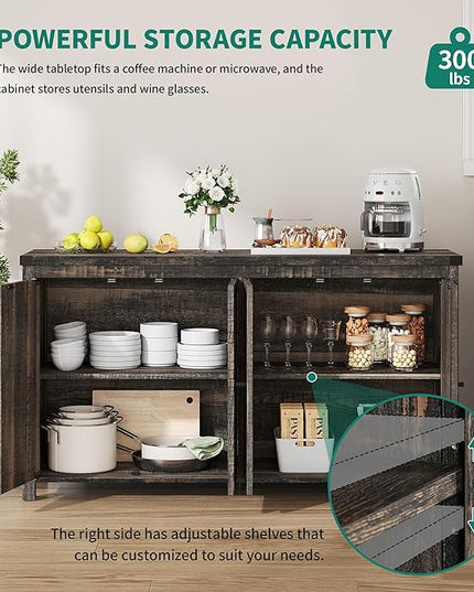 YITAHOME Farmhouse Sideboard Buffet Cabinet with Storage with 4 Doors, 55'' Large Kitchen Storage Cabinet, Wood Coffee Bar Cabinet with Adjustable Shelf for Kitchen, Living Room, Dark Oak - LeafyLoom