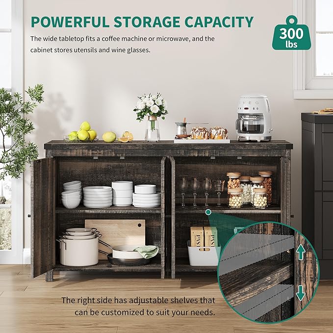 YITAHOME Farmhouse Sideboard Buffet Cabinet with Storage with 4 Doors, 55'' Large Kitchen Storage Cabinet, Wood Coffee Bar Cabinet with Adjustable Shelf for Kitchen, Living Room, Dark Oak - LeafyLoom