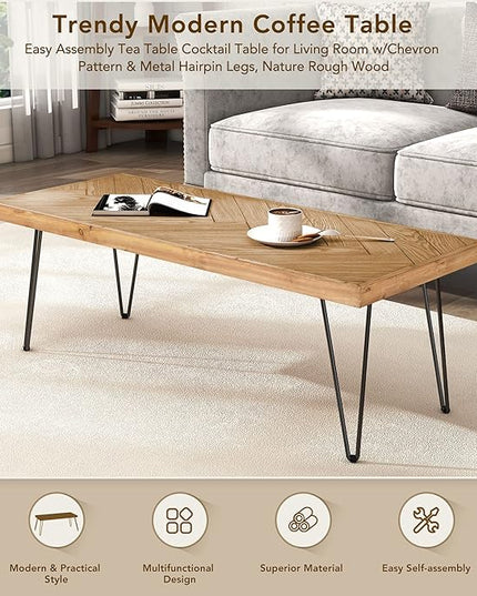 Modern Wood Coffee Table, 1.9 "thickness Coffee Table for Living Room Chevron Pattern & Metal Hairpin Legs - LeafyLoom