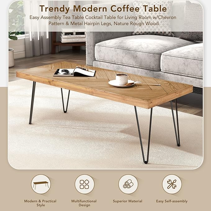 Modern Wood Coffee Table, 1.9 "thickness Coffee Table for Living Room Chevron Pattern & Metal Hairpin Legs - LeafyLoom