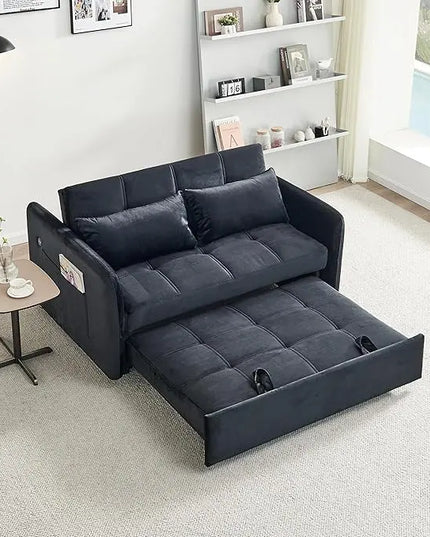 Velvet Tufted Convertible Pull Out Sofa Bed , 3 in 1 Multi-Functional Futon Lounge Chair Sleeper Couch Bed, Pullout Sofá with Adjustable Backrest and USB Ports for Living Room Small Space Apartment - LeafyLoom