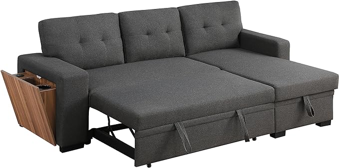 92 inch Convertible Sleeper L-Shaped Sectional Sofa with Storage Chaise, Upholstered Reversible Couch with Side Open Cup Holder for Apartment, Dorm, Living Room, Gray, 92inch, Dark Grey-5 - LeafyLoom
