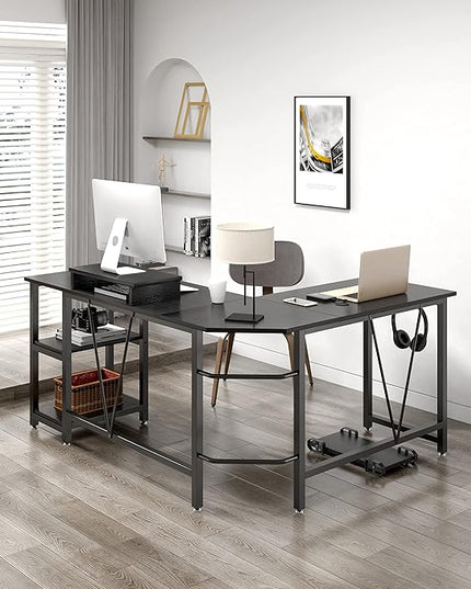 Computer desk, L-shaped Corner Desk with 2-Layer Storage,Large PC Laptop Table with Monitor Stand and CPU Stand,Gaming Desk Writing Table for Office Home (Black Carbon Fiber) - LeafyLoom